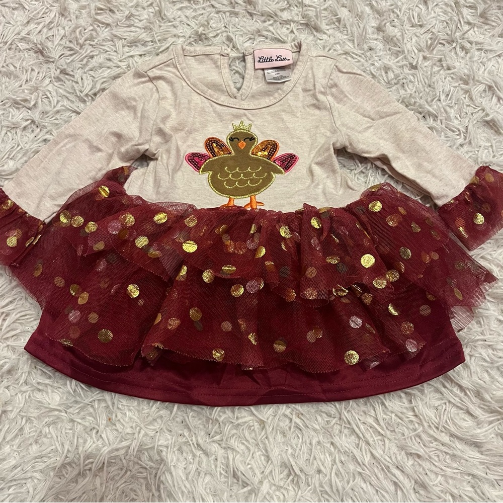Little Lass Thanksgiving Turkey Tulle Sequins Shirt Size 12 m